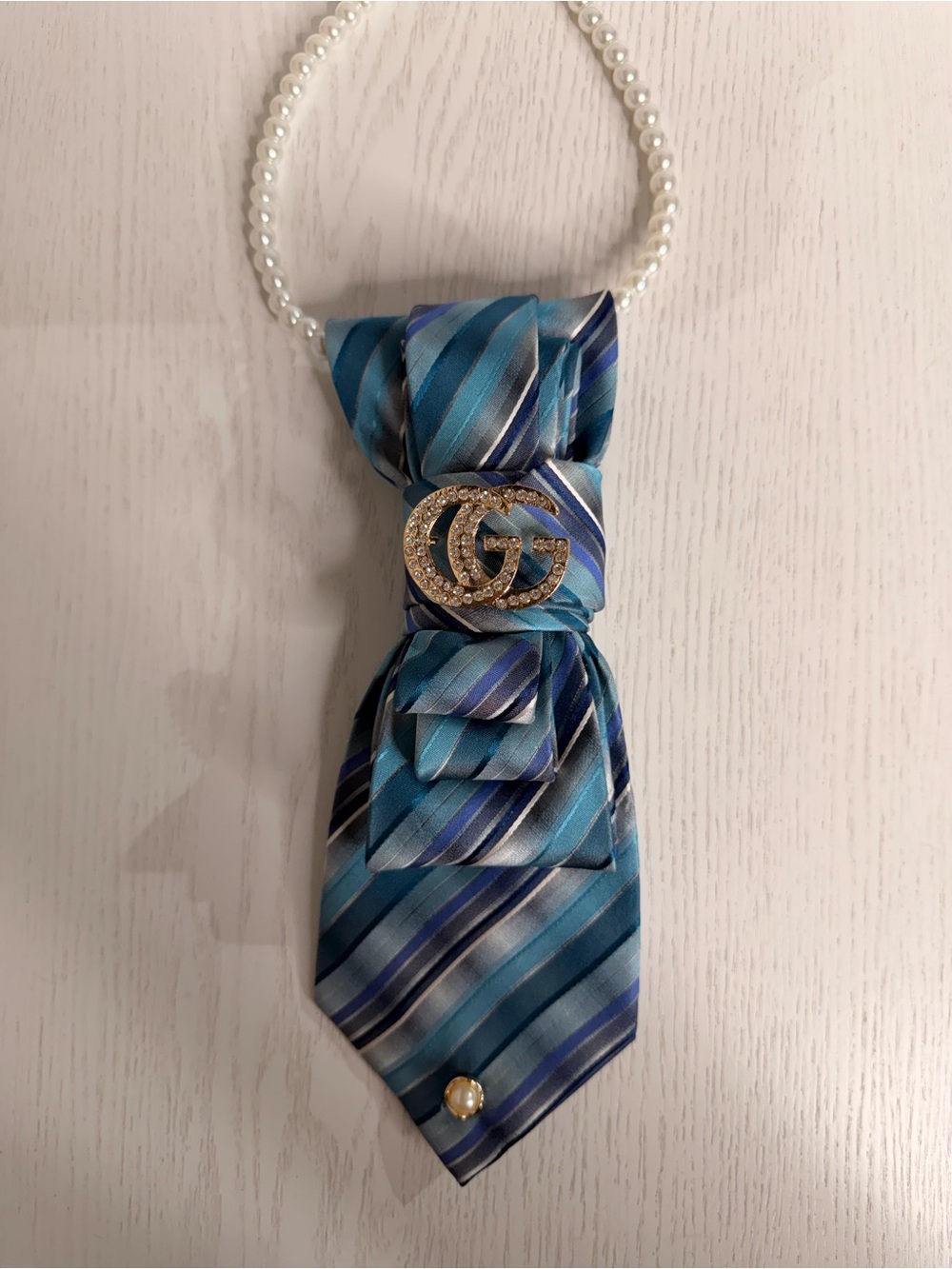 Pearl-Chain Blue Striped Silk Tie Necklace with Crystal Emblem